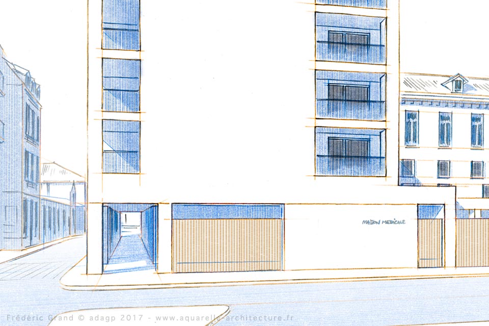 Aquarelle en architecture - Réhabilitation et construction de logements et commerces - VALENCE (26)