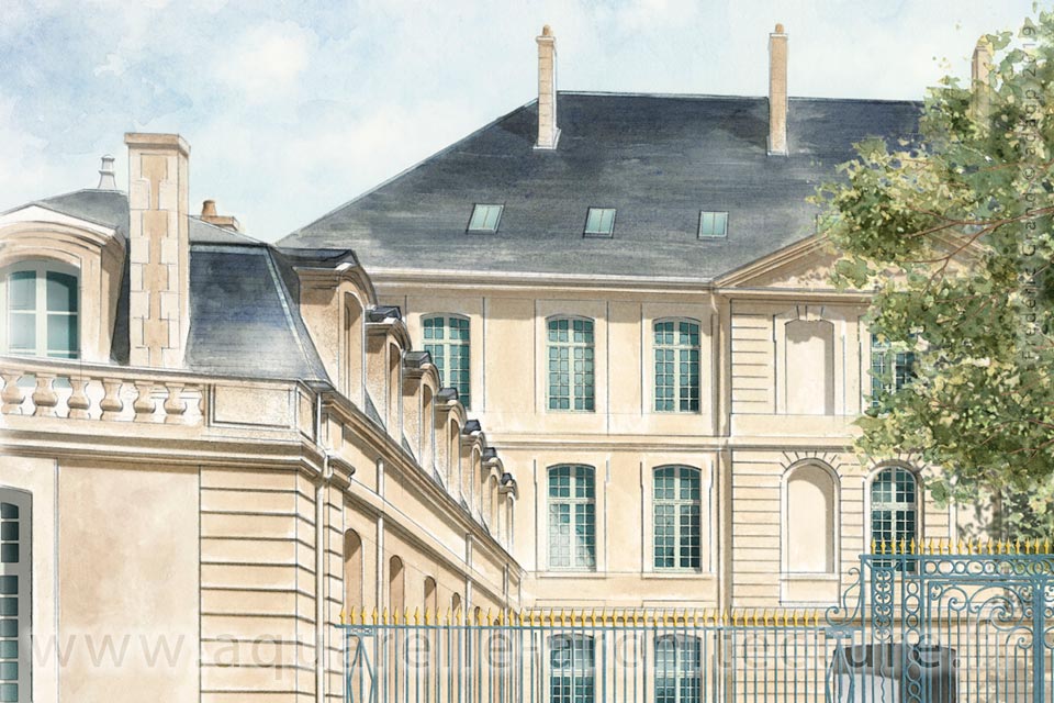 perspective dessin projet immobilier rénovation caserne Belliard Fontenay le Comte Vendée CIR Compagnie Immobilière Restauration illustration architecture patrimoine aquarelle
