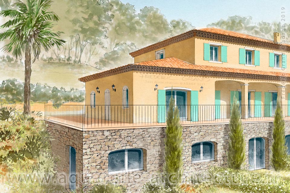 Aquarelle en architecture - Bastide - SAINT-PAUL-DE-VENCE