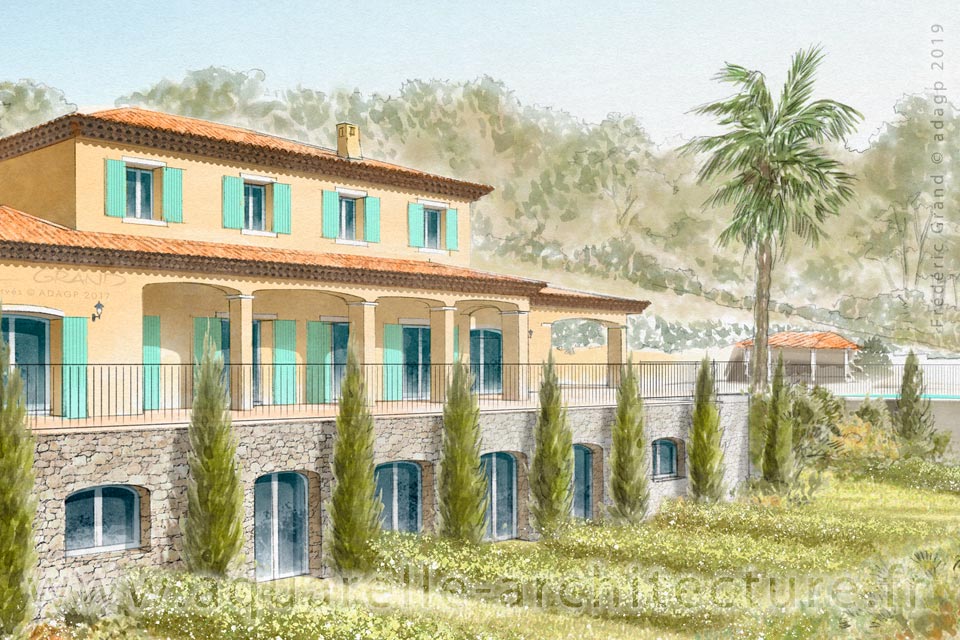 Aquarelle en architecture - Bastide - SAINT-PAUL-DE-VENCE