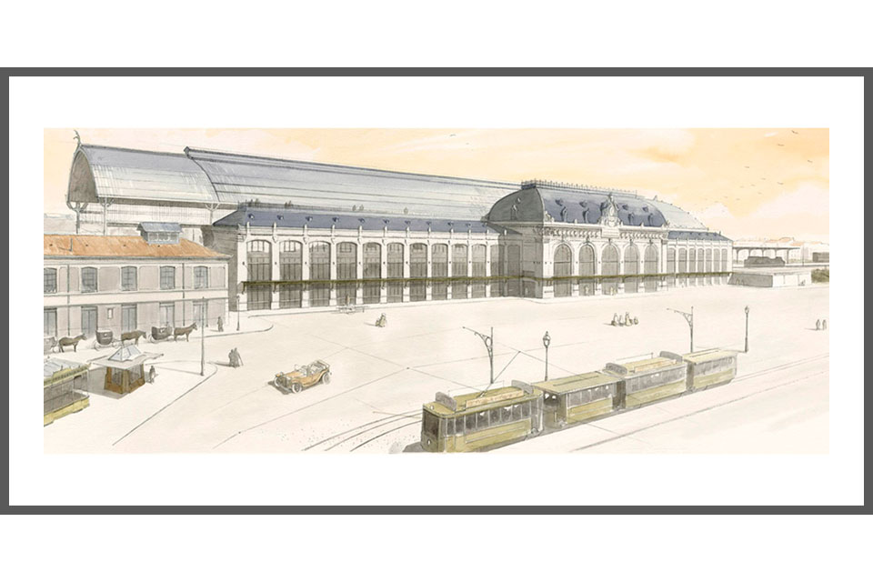 aquarelle architecture tirage gare des Brotteaux hall 13 ter Lyon