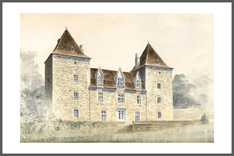 aquarelle architecture tirage rénovation architecture médievale château Gibanel Argentat