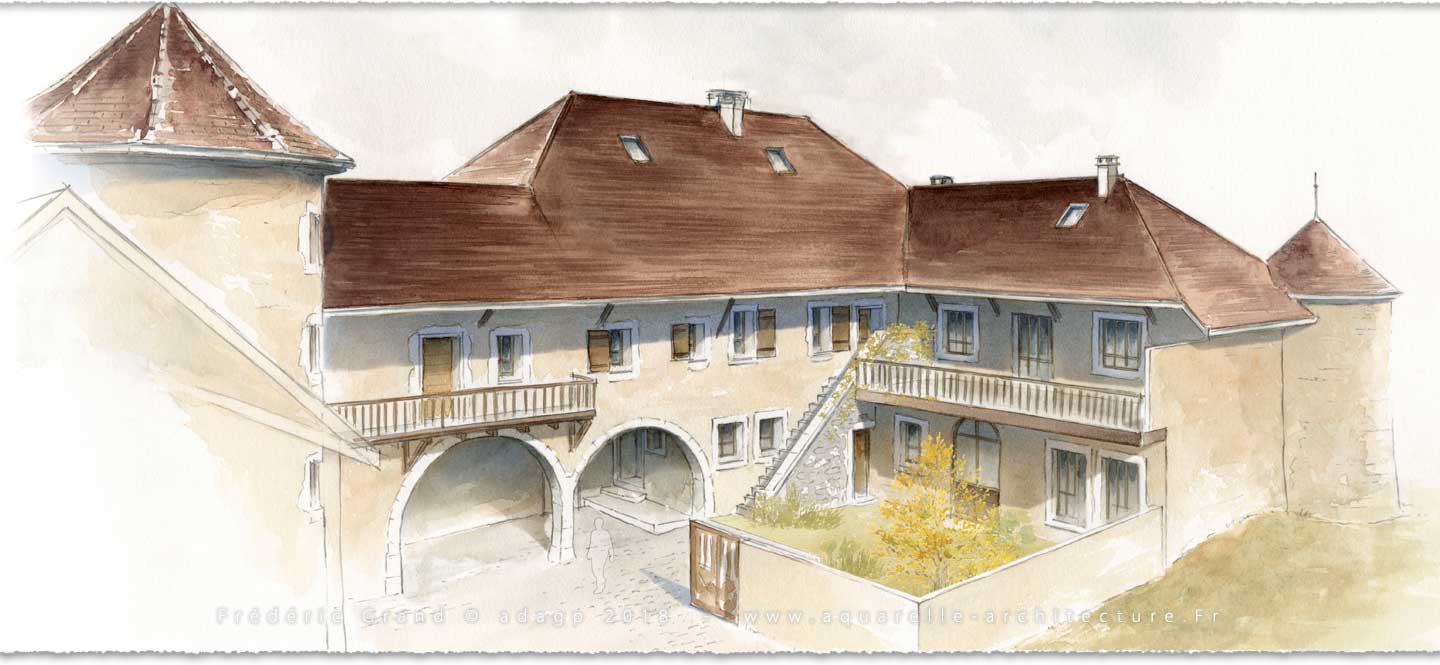 perspective aquarelle et dessin en architecture restauration patrimoine château de Biron (Dordogne)