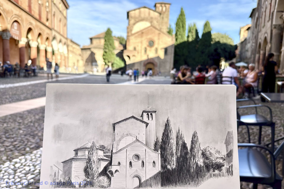 dessin motif basilique santo stefano bologne toscane italie illustration architecture patrimoine aquarelle