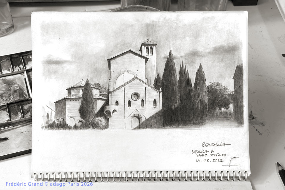 dessin motif basilique santo stefano bologne toscane italie illustration architecture patrimoine aquarelle