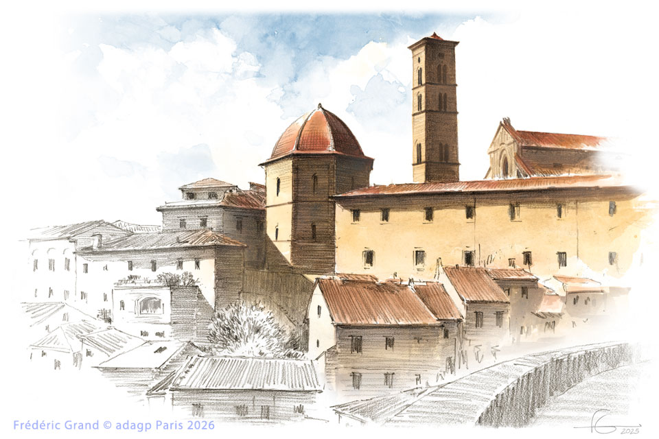 dessin motif village Volterra toscane italie illustration architecture patrimoine aquarelle
