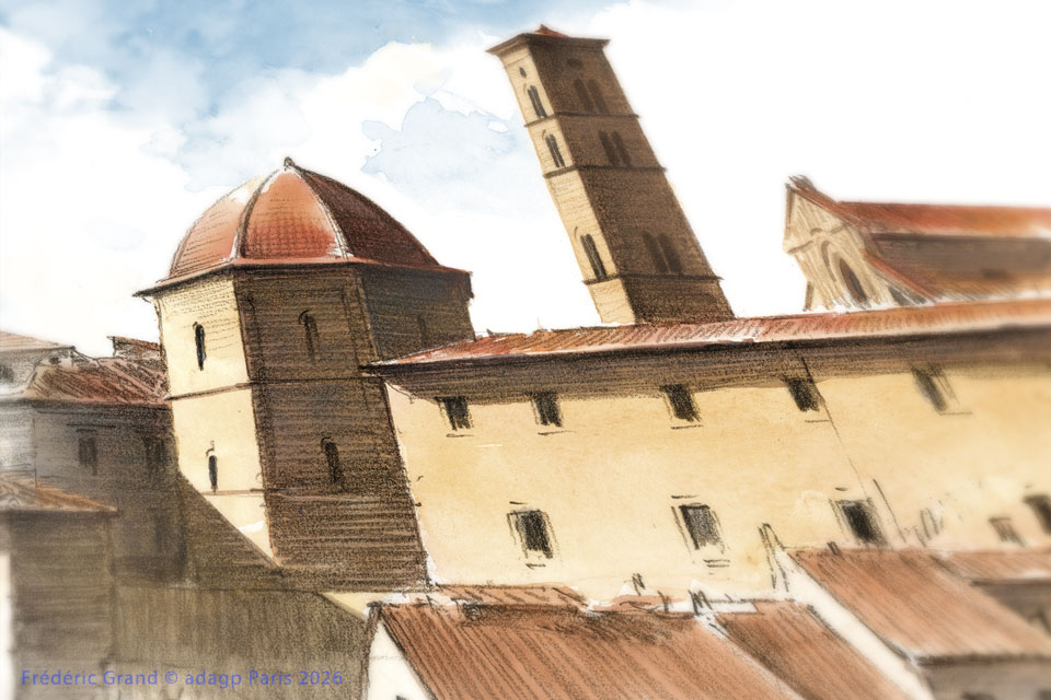 dessin motif village Volterra toscane italie illustration architecture patrimoine aquarelle