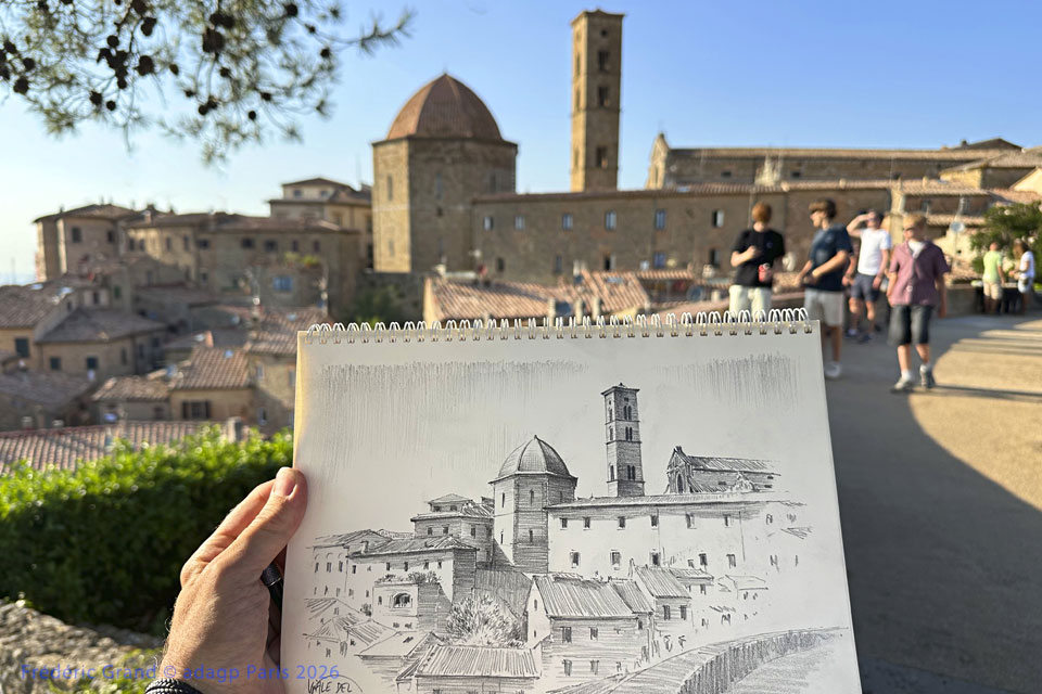 dessin motif village Volterra toscane italie illustration architecture patrimoine aquarelle