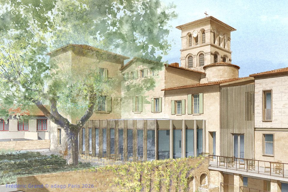 perspective dessin projet reconversion prieuré saint donat sur l herbasse illustration architecture patrimoine aquarelle