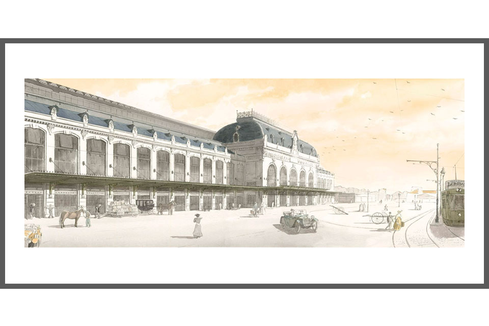 aquarelle architecture tirage gare des Brotteaux hall 13 Lyon